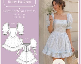 Honey Pie Dress, Puff Sleeve Ruffle Mini Dress, PDF Sewing Pattern A4, US LETTER with 9 sizes