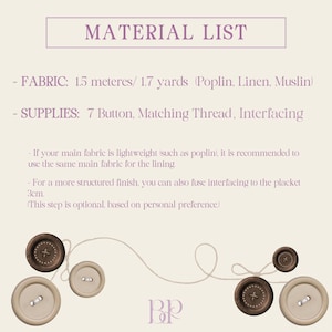 May include: A material list with text and illustrations. The text includes fabric requirements of 1.5 metres and 7 buttons. Several buttons in shades of brown and cream are arranged at the bottom. The text is in a rectangular box at the top.
