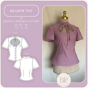 Meadow Top, ''keyhole , puff sleeve, bow tie neck, cottagecore shirt'' PDF Sewing Pattern A4, US LETTER, A0 with 9 sizes