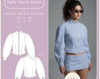 Kurtka z bufiastymi rękawami, wykrój PDF, format A4, format US LETTER, 8 rozmiarów