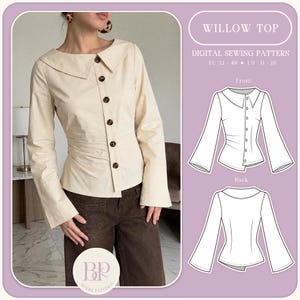 Patron de couture PDF pour le haut Willow : chemise asymétrique, col Claudine, manches évasées, plis à la taille sur les côtés. Formats A4, Lettre US et A0, 9 tailles.