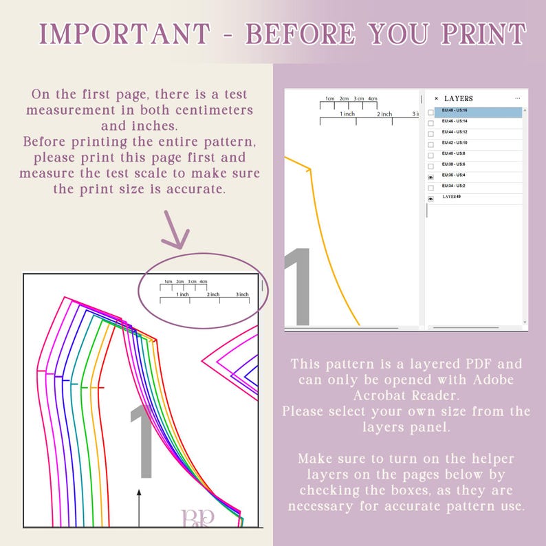 May include: A digital pattern with text that reads "IMPORTANT - BEFORE YOU PRINT". The image includes a test measurement in inches and centimeters, a layered PDF, and instructions for printing and selecting sizes.