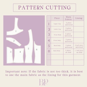 May include: A pattern cutting diagram with numbered pieces and a table detailing fabric requirements. The image includes the text "PATTERN CUTTING" and instructions for using the main fabric as lining if it's not too thick.