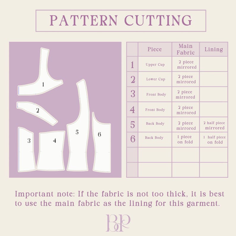 May include: A pattern cutting diagram with numbered pieces and a table detailing fabric requirements. The image includes the text "PATTERN CUTTING" and instructions for using the main fabric as lining if it's not too thick.