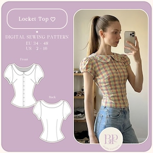 Top médaillon « manches bouffantes et col claudine, chemisier boutonné » PDF patron de couture A4, lettre US avec 8 tailles