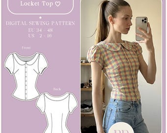 Bluzka Locket Top „bufiaste rękawy i kołnierzyk Piotruś Pan, zapinana na guziki”, wykrój do szycia w formacie PDF, format A4, format US LETTER, 8 rozmiarów