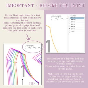 May include: A digital pattern with the text "IMPORTANT - BEFORE YOU PRINT". The image shows a test measurement in both centimetres and inches, a layered PDF, and instructions. The pattern includes a scale of 2.54 cm and 5.08 cm.