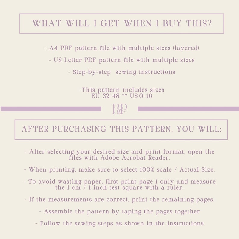 May include: A cream-colored document with text detailing a sewing pattern purchase. The text includes information on file types, sizes (EU 32-48, US 0-16), and instructions for printing and assembly. The document has a light purple banner.