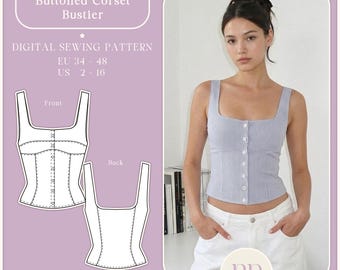 Buttoned Corset Bustier PDF Sewing Pattern A4, US LETTER  with 8 sizes (Updated Pattern)