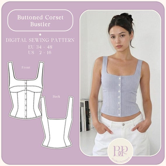 Buttoned Corset Bustier PDF Sewing Pattern A4, US LETTER  with 8 sizes (Updated Pattern)