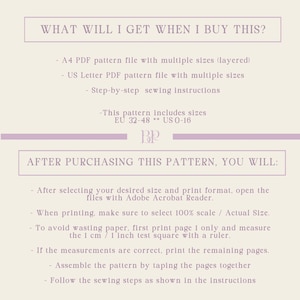 May include: A digital sewing pattern information sheet with a light background and purple text. It lists contents including A4 and US Letter PDF files, sewing instructions, and size ranges from EU 32-48 and US 0-16, plus printing and assembly steps.