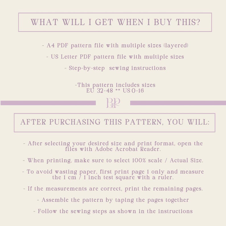 May include: A digital sewing pattern information sheet with a light background and purple text. It lists contents including A4 and US Letter PDF files, sewing instructions, and size ranges from EU 32-48 and US 0-16, plus printing and assembly steps.