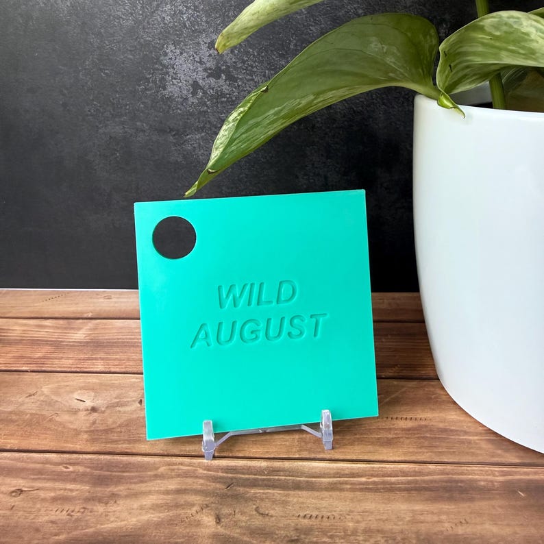 Może przedstawiać: Kwadratowy, jasnoturkusowy szyld akrylowy z wytłoczonym napisem WILD AUGUST na środku oraz okrągłym otworem w lewym g&oacute;rnym rogu. Szyld jest umieszczony na małej, przezroczystej plastikowej podstawce na drewnianej powierzchni.