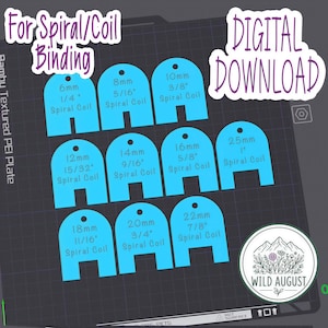 May include: A digital download file for spiral/coil binding featuring nine blue arch-shaped templates. Each template is labeled with specific measurements in millimeters and inches, ranging from 6mm to 25mm, designed for 3D printing on a textured PEI plate.