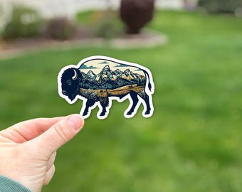 Autocollant paysage de montagne Bison – Autocollant en vinyle imperméable pour ordinateurs portables, bouteilles d'eau, voitures