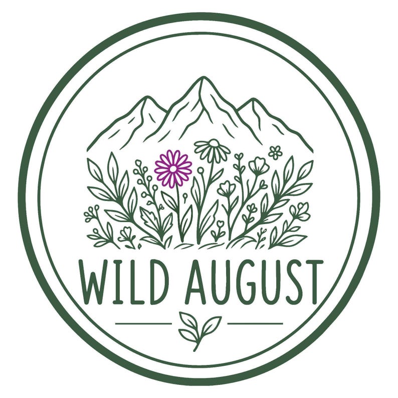 A circular logo featuring a mountain landscape with flowers and leaves, along with the text "WILD AUGUST" prominently displayed.