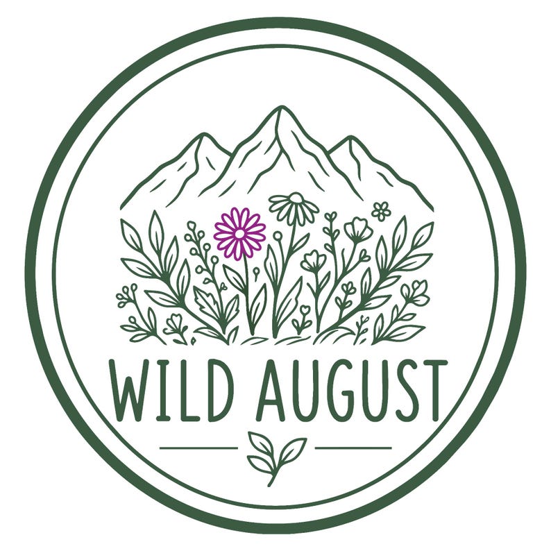 A circular logo featuring a mountain landscape with flowers and leaves, along with the text "WILD AUGUST" prominently displayed.