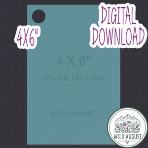 Può includere: Un modello di download digitale rettangolare color verde acqua con una guida per perforazione circolare nell'angolo in alto a sinistra. Il testo 101,6 x 152,4 mm è visualizzato chiaramente. Le parole DIGITAL DOWNLOAD appaiono in viola.