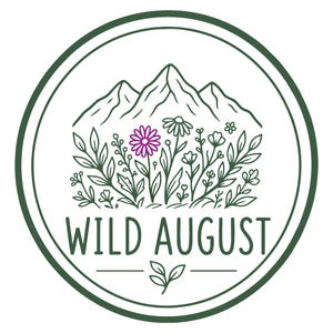 A circular logo featuring a mountain landscape with flowers and leaves, along with the text "WILD AUGUST" prominently displayed.