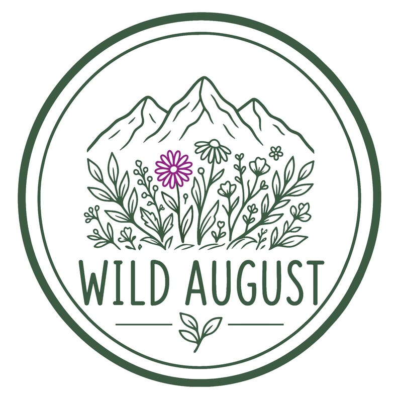 A circular logo featuring a mountain landscape with flowers and leaves, along with the text "WILD AUGUST" prominently displayed.