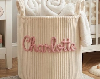 Personalized Corduroy Laundry Basket, Custom Yarn Name Toy Bin, Nursery Decor Hamper, Kids Storage Basket