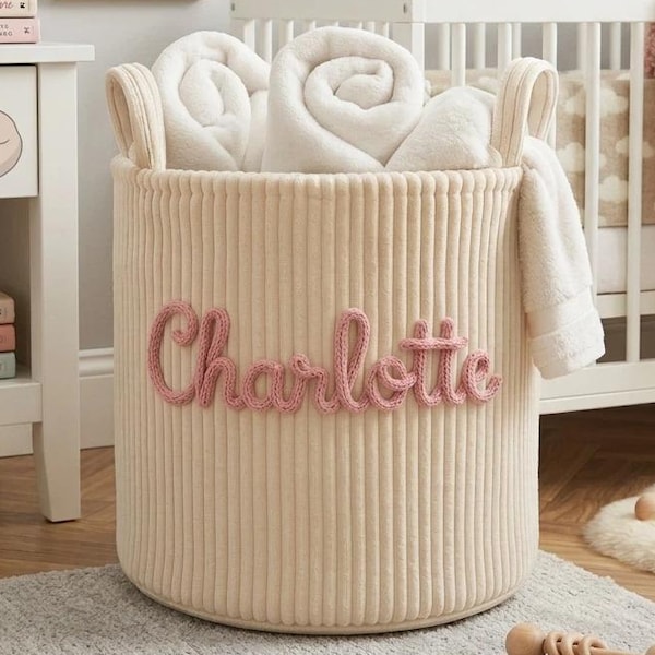 Personalized Corduroy Laundry Basket, Custom Yarn Name Toy Bin, Nursery Decor Hamper, Kids Storage Basket