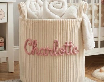 Cesto de ropa personalizado con nombre, cesta de almacenamiento de pana, decoración personalizada para la habitación del bebé, regalo personalizado para bebé, contenedor de juguetes para mascotas, cesta de juguetes para niños