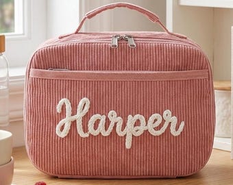 Personalized Corduroy Lunch Box with Yarn Name, Custom Insulated Meal Bag for Kids, School Lunch Bag for Girls and Boys, Toddler Picnic Bag