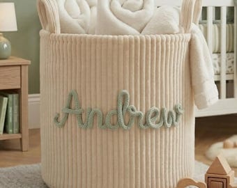 Cesta de almacenamiento de pana con nombre personalizado, decoración personalizada para guardería, regalo personalizado para bebé, contenedor de juguetes para mascotas, cesto de ropa sucia para niños