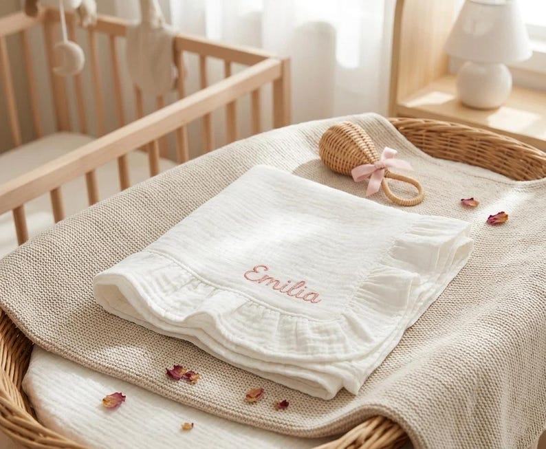 May include: A white muslin baby blanket with a ruffled edge and the name Emilia embroidered in pink thread. The blanket is folded and placed on a textured beige surface next to a small woven rattan rattle with a light pink ribbon bow attached.