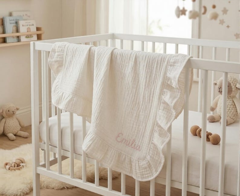 May include: A cream-colored muslin baby blanket draped over a white wooden crib rail. The blanket features a ruffled edge and is embroidered with the name Emilia in light pink script lettering. The fabric has a soft, crinkled, multi-layered texture.