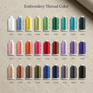 May include: A collection of twenty-seven spools of embroidery thread arranged in three rows of nine. Each spool is labeled with a numerical code from 001 to 027, displaying a wide spectrum of colors including white, yellow, green, blue, pink, red, and black.