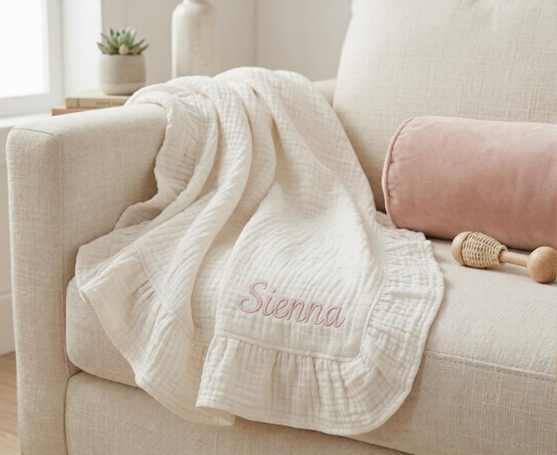 May include: A cream-colored muslin blanket featuring a ruffled edge and the name Sienna embroidered in pink script. The fabric has a textured, crinkled appearance, and the blanket is draped over a neutral-toned sofa alongside a pink bolster pillow.