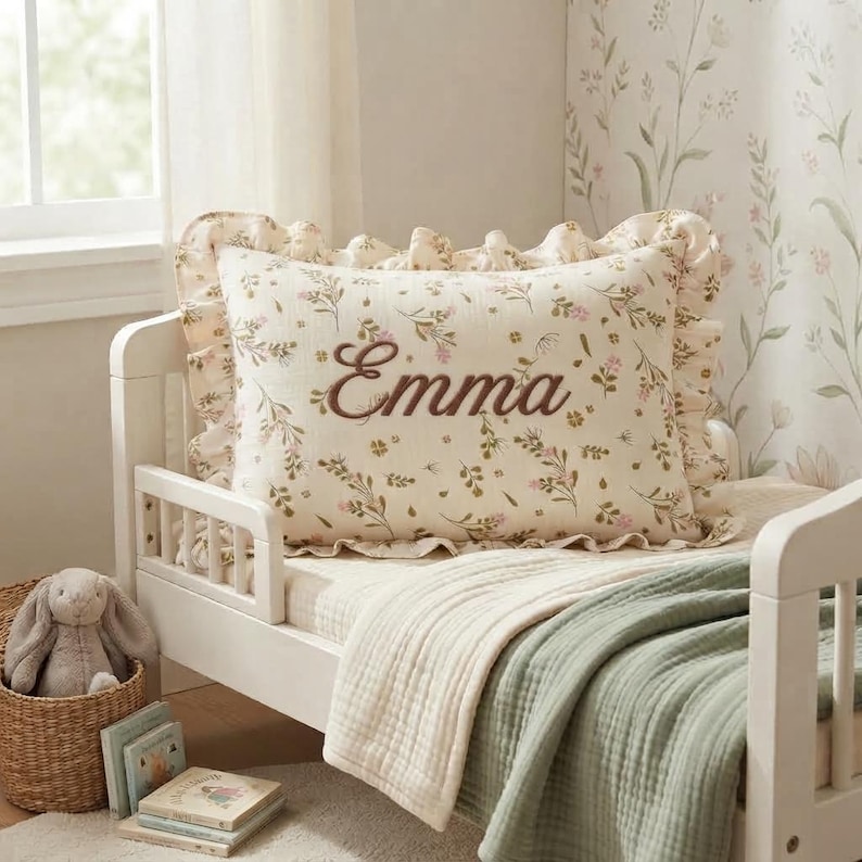 May include: A rectangular throw pillow with a ruffled edge, featuring a cream-colored fabric with a delicate floral pattern in muted green and pink tones. The name Emma is embroidered in brown cursive script across the center of the pillow.