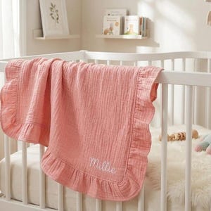 Custom Name Embroidered Muslin Blanket, Boho Ruffle Cotton Baby Swaddle, Toddler Bedding image 11