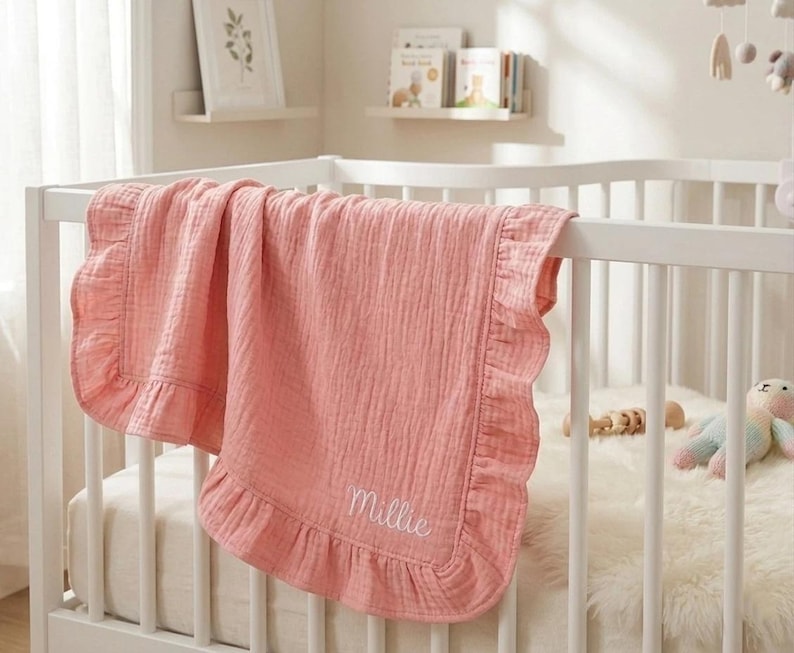Custom Name Embroidered Muslin Blanket, Boho Ruffle Cotton Baby Swaddle, Toddler Bedding image 11