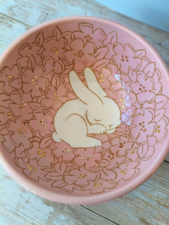 Handmade Ceramic Cherry Blossom Trinket Dish, Cute Sleeping Bunny Bowl, Hand Painted Floral Catch All Dish, Jewelry Dish