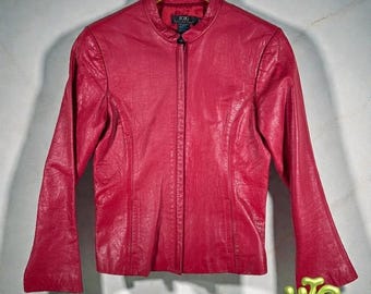 VINTAGE Y2K BCBG Max Azria Cherry Red Leather Jacket | Fitted Moto | Women's M
