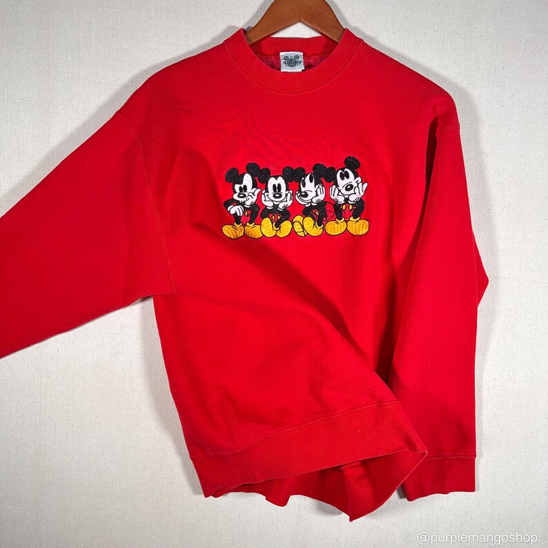 VINTAGE 1990s Disney Mickey Mouse Embroidered Crewneck Sweatshirt | Red | Large | USA image 11