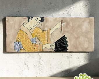 VINTAGE Saks Fifth Avenue Japanese Ukiyo-e Geisha Ceramic Art Tile Wall Plaque