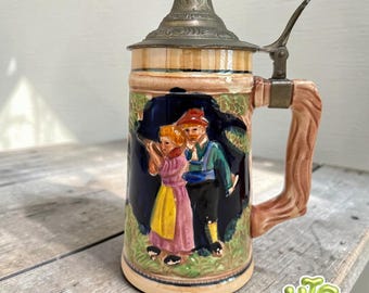 VINTAGE MCM Duitse bierpul met deksel kobaltblauw Beierse paar tinnen dekselmok