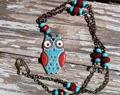 Ceramic owl necklace turquoise and red