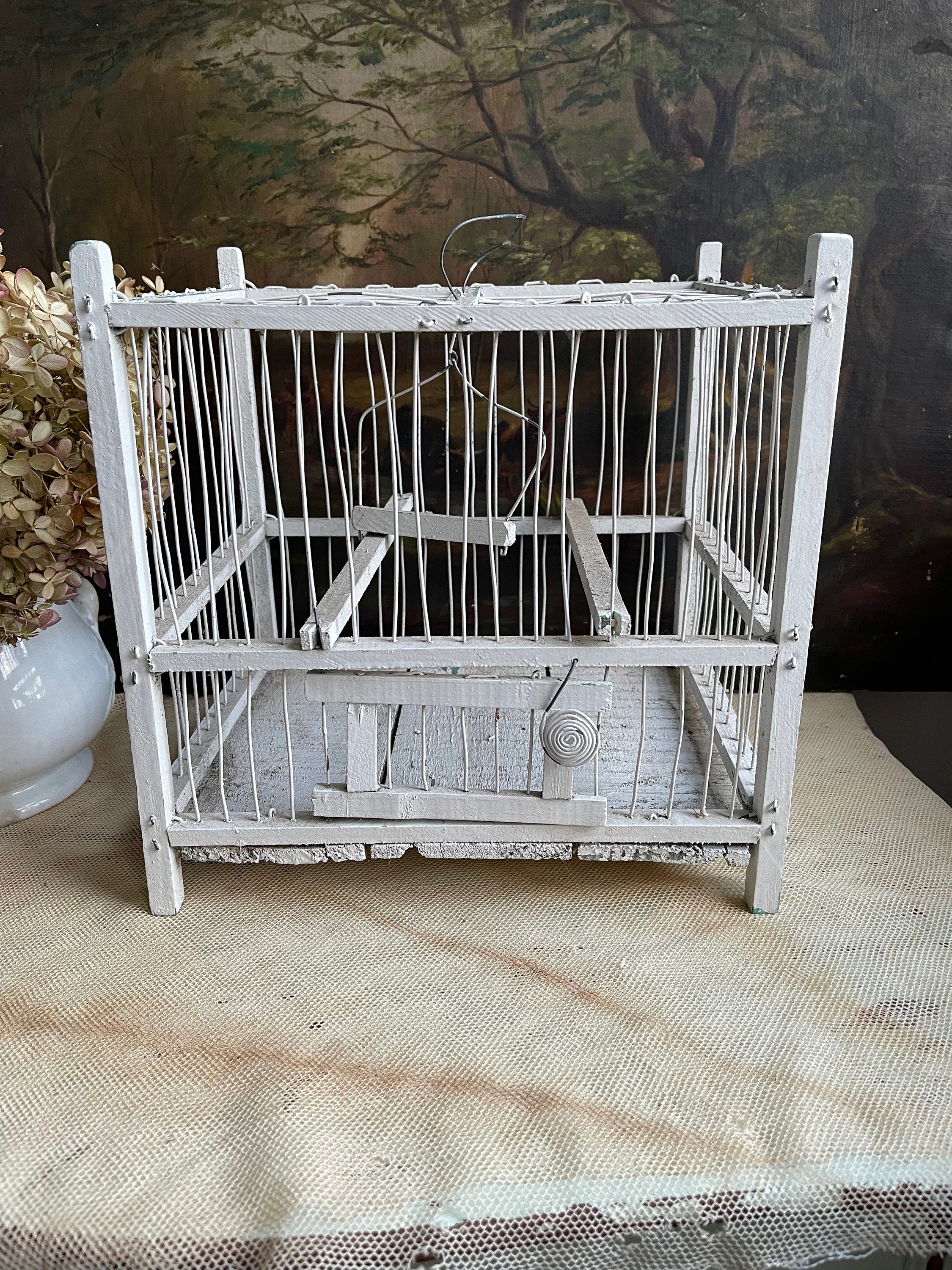 Antique Bamboo Hanging Bird Cage With Japanese Feathered Bird
