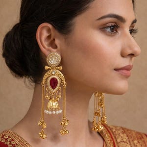 Boucles d'oreilles Kashmiri Chaandbali, blanc cristal, rouge rubis, pampilles bleu sarcelle