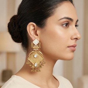 Kashmiri Earrings, Gold Statement Wedding Jewelry, Ruby Red Crystal White