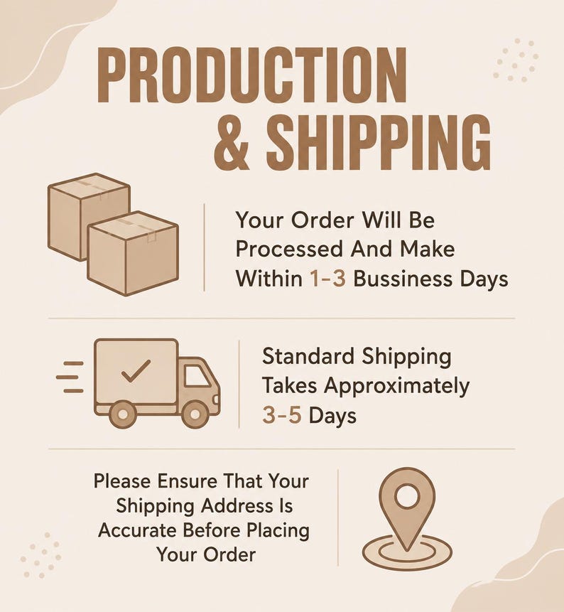 Puede incluir: Un gr&aacute;fico informativo beige con texto e iconos marrones. El encabezado dice PRODUCTION & SHIPPING. Incluye ilustraciones de dos cajas de cart&oacute;n, un cami&oacute;n de reparto con una marca de verificaci&oacute;n y un icono de ubicaci&oacute;n con instrucciones.