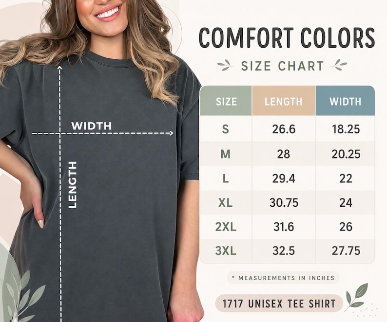 Puede incluir: Una camiseta gris carb&oacute;n de manga corta junto a una tabla de tallas Comfort Colors. La tabla muestra medidas de largo y ancho en pulgadas para las tallas S a 3XL del modelo 1717 unisex tee shirt, con etiquetas claras y texto informativo.