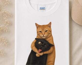 Funny Orange Cat Hugging Black Cat Shirt, Cat Meme Tee, Vintage Funny Cat Graphic T-Shirt, Cute Chaos Cat Lover Gift