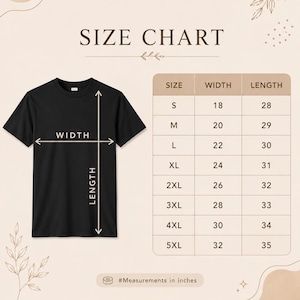 Puede incluir: Una tabla de tallas para camiseta negra con un gr&aacute;fico de una camiseta negra y flechas que indican ancho y largo. Una tabla enumera las tallas de S a 5XL con medidas en pulgadas. El texto dice SIZE CHART y #Measurements in inches.
