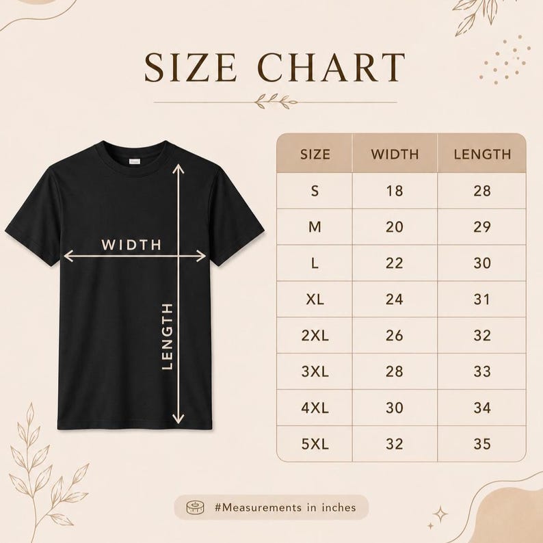 Puede incluir: Una tabla de tallas para camiseta negra con un gr&aacute;fico de una camiseta negra y flechas que indican ancho y largo. Una tabla enumera las tallas de S a 5XL con medidas en pulgadas. El texto dice SIZE CHART y #Measurements in inches.